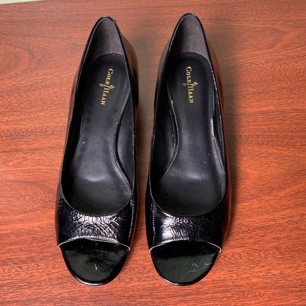 Cole Haan x Nike Air | Black Patent Leather Peep Toe Comfort Wedge Heel - 9B